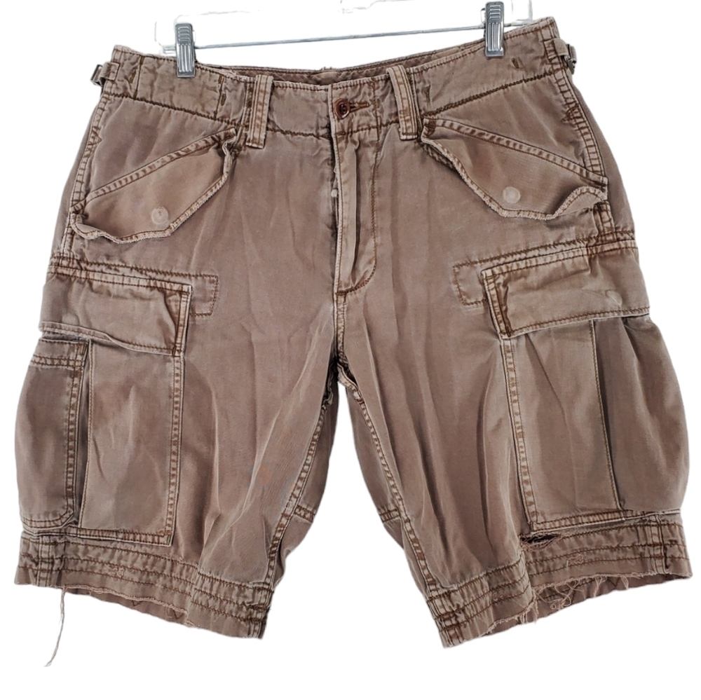Polo Ralph Lauren Cargo Shorts Men 31 Brown Khaki Heavyweight Distressed (33x11)